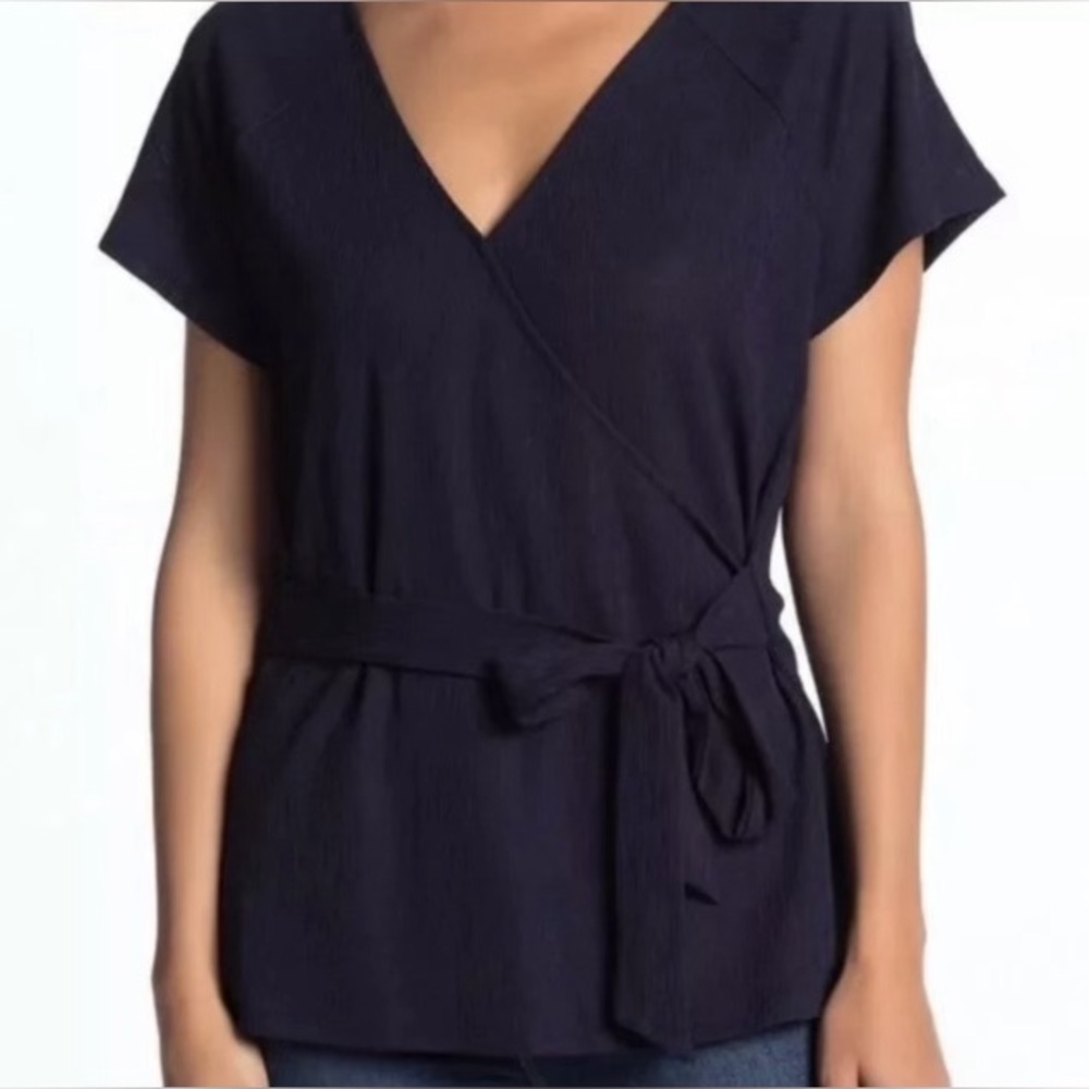 14th & Union Womens Blouse Navy Blue V Neck Waist Tie Short Sleeve Size S